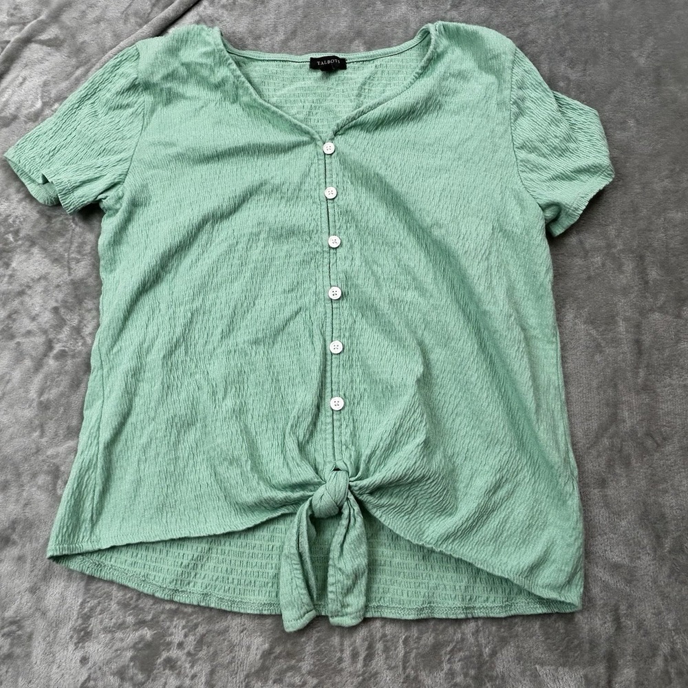 Talbots Mint Green Textured Tie Front Top Women's Small Puff Sleeve Button
